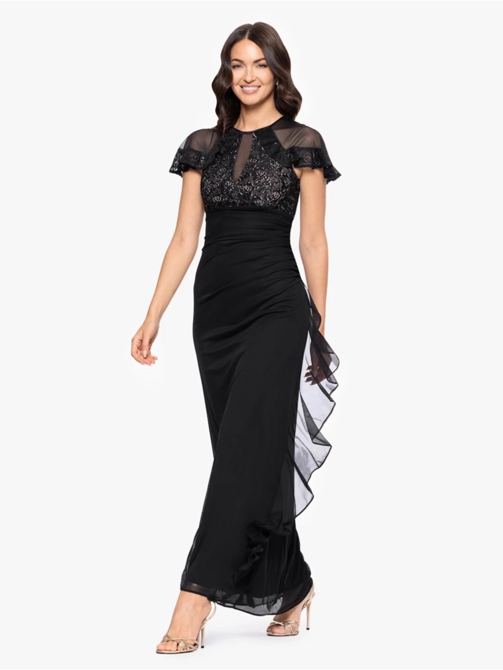 BA Nites Sheer Matte Jersey Gown with Short Lace Sleeves Size 4 - Picture 3 of 9